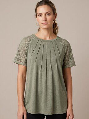 NWT | KIRUNDO Olive Green Pleated Front Top | Lace Lattice Sleeve | XL